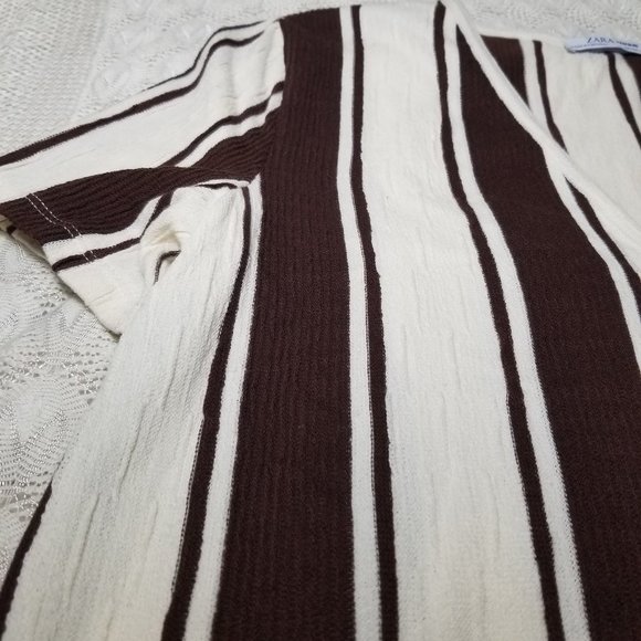 Zara Trafaluc textured knit midi shift dress brown ivory size L vertical stripes - Picture 5 of 7